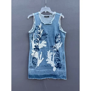 Dor Dor Couture Denim Dress Medium Floral Applique Frayed Sleeveless - Picture 1 of 11