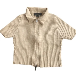 Forever 21 Y2K collared front zip ribbed cropped medium blouse tan - Picture 1 of 5