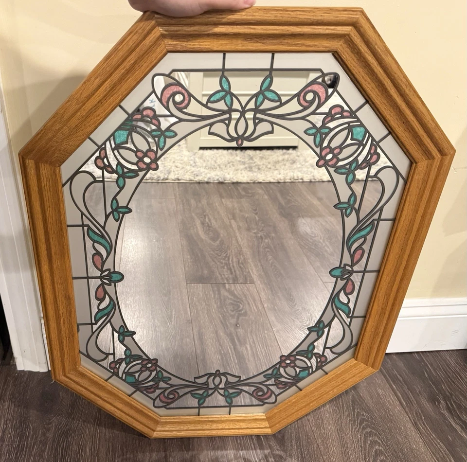 Espejo vintage de madera maciza vitral floral rosa y verde octágono años 80 Foto 1 de 1