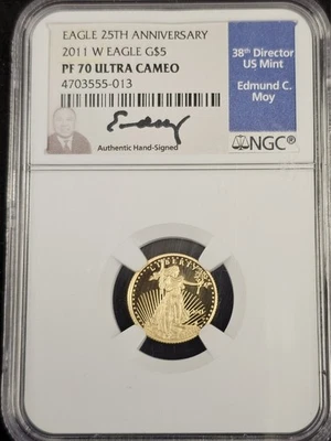 A 2011 W OURO $5 MOY ASSINADO PROVA ÁGUIA AMERICANA 1/10oz NGC PF 70 UC - Imagem 1 de 2