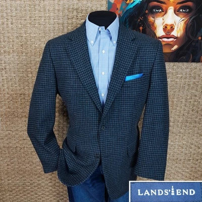 Land's End Мужская 42 L Твидовый осени и зимы Sport пальто синий и черный гончая - Изображение 1 из 4