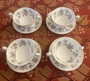 WEDGWOOD BONE CHINA ASHFORD CREAM SOUP BOWL & SAUCER DOUBLE HANDLE SET OF 4 - Picture 1 of 8