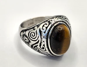 TIGER'S EYE RING SIGNET FLORAL VINTAGE STONE RING STAINLESS STEEL 316L FOR MEN - Picture 1 of 18