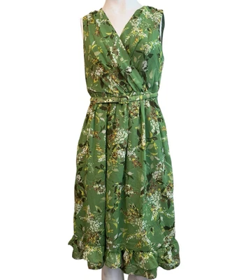 ME George Size 4 Green Floral Ruffle Sleeveless Dress Flare A-Line Belted - Image 1 of 4