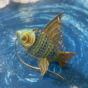 925 Sterling Silver Gold Plated Antique Enamel Articulated Chinese Koi Fish Fob - Picture 1 of 11