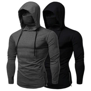 Mens Long Sleeve Hooded T-shirt Fitness Gym High Neck Stretch Shirt Hoodie - Picture 1 of 11