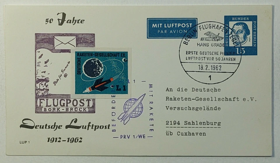 1962 German Rocket Society 50th Anniv. German Federal Airport Postcard EZ #47C - Image 1 of 2