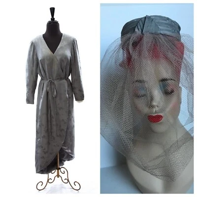 Vestido y sombrero formal de madre de la novia de colección años 70 para mujer con velo de seda hecho a mano Foto 1 de 4