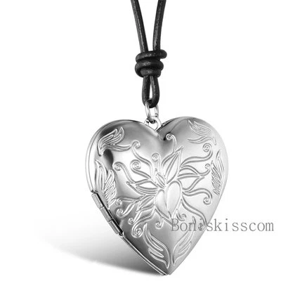 Vintage Floral Charm Love Heart Valentine Lover Locket Leather Necklace Pendant - Image 1 of 3