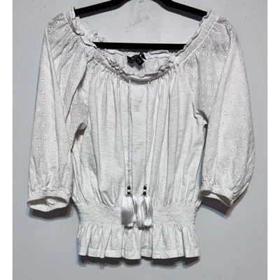 Lauren Ralph Lauren Eyelet Peasant Top Medium Cottagecore Coquette Off Shoulder - Photo 1/4