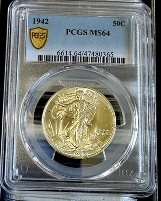1942 Walking LIBERTY PRATA MEIO DÓLAR 50C PCGS MS64 ESCUDO DOURADO - Imagem 1 de 3