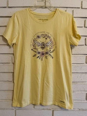 Life Is Good Womens Med Crusher Top Yellow Bee Floral Graphic Cotton Shirt NWOT - Image 1 of 4