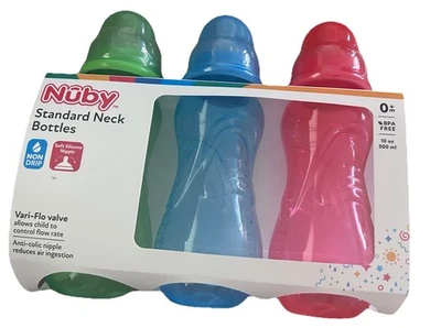 Nuby Standard Neck Bottles Non Drip Soft Silicone Nipples Anti Colic 10 Oz 300ml - Image 1 of 4
