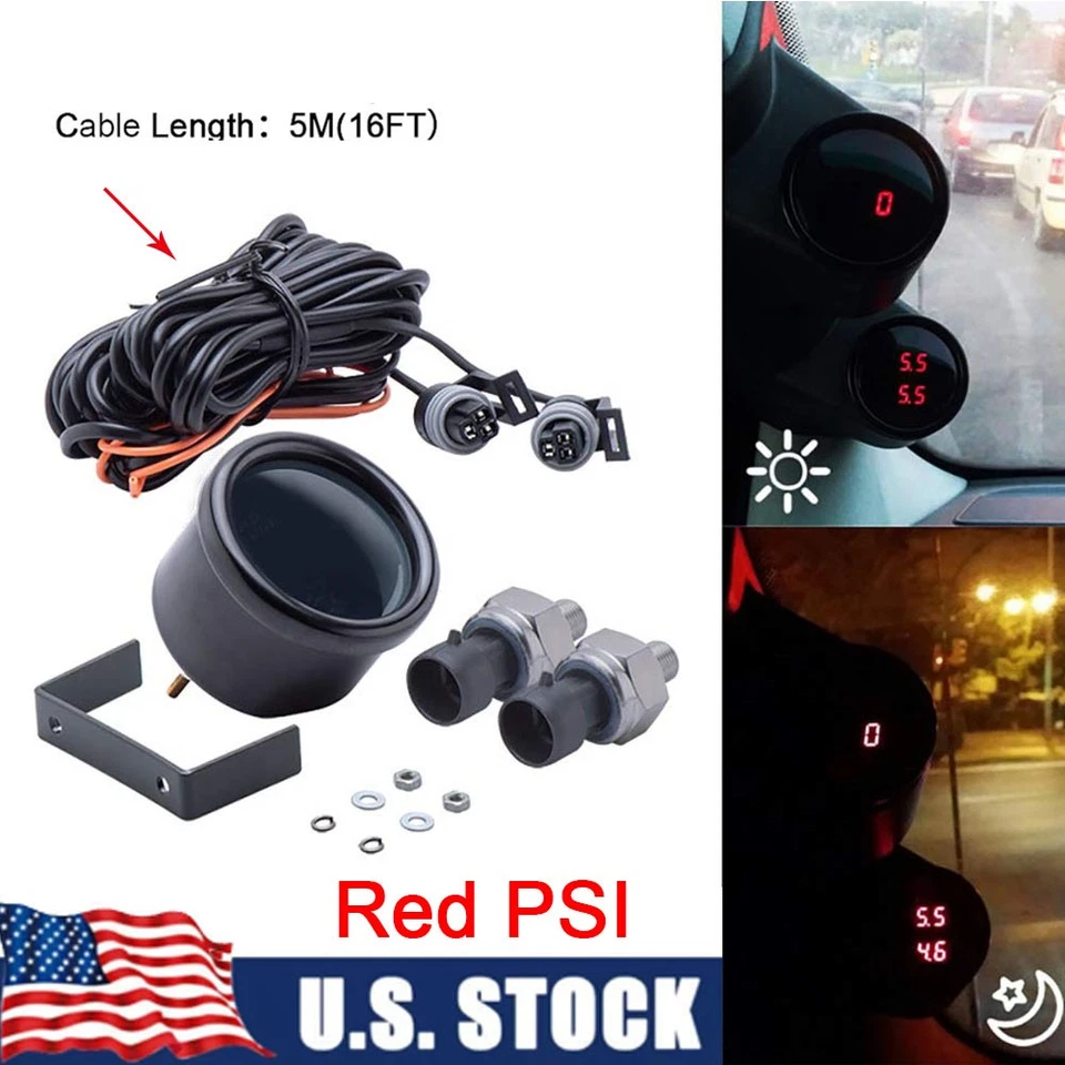 Red Car Suspension Gauge Kit 2inch 52mm Air Ride Air Pressure Gauge Set Sensors - Image 1 of 4