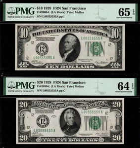 1928 $10 & $20 FRN San Francisco Matching Serial Numbers PMG 64 EPQ & 65 EPQ - Picture 1 of 5