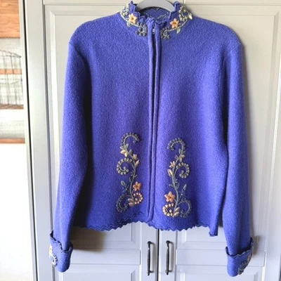 Tally Ho Creations Vintage 80s Wool Embroidered Floral Zip Up Cardigan, Purple,S - Image 1 of 4