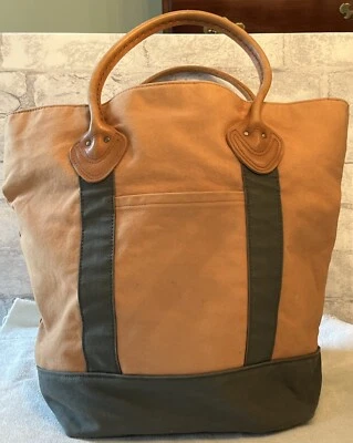 VTG LL Bean Tote Canvas Freeport Maine Brown Striped Leather Handle Tote Bag - Image 1 of 4