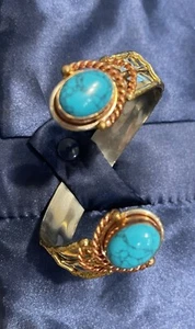 1970s Brutalist Silver Copper Brass Bracelet w/2 Faux Turquoise Stones 5/8” Wide - Picture 1 of 6