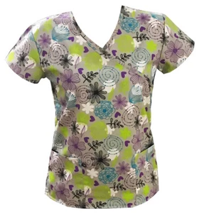 Womens Fashion Medical Nursing Scrub Tops Lined Floral Steel Gray S - Picture 1 of 2