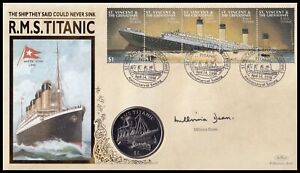 MILLVINA DEAN Signed 1998 St Vincent RMS Titanic Liberia $5 Coin Benham Cover