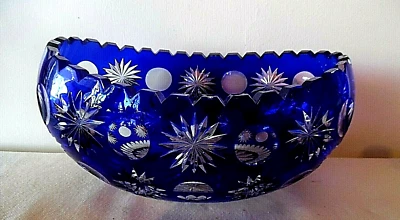 STUNNING VINTAGE BOHEMIAN CZECH COBALT BLUE CUT TO CLEAR COMPORT  EX CD 10" LONG - Image 1 of 3