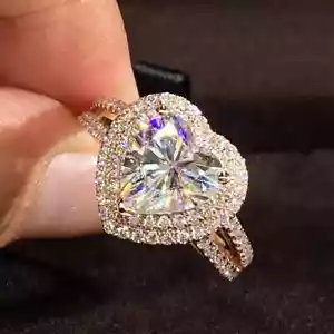 2.20Ct Heart Moissanite Double Halo Engagement Wedding Ring 14K Rose Gold Plated - Picture 1 of 6