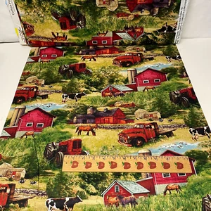Country Rustic Fabric Barn Tractor & Pickup Truck Scene David Textiles Half-Yard - Picture 1 of 4