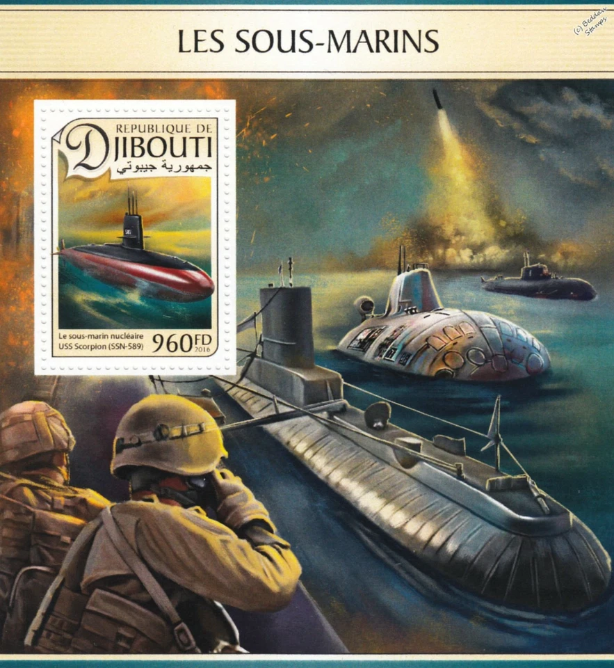 USS SCORPION SSN-589 US Navy Skipjack-Class Submarine Stamp Sheet 2016 Djibouti - Image 1 of 1