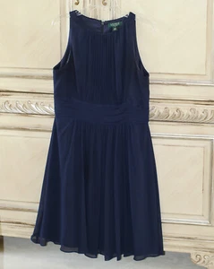 Lauren Ralph Lauren Navy Women's Pleated Sheath Dress Blue size 12 Sleeveless - Picture 1 of 8