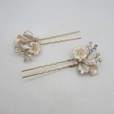 Beautiful Pair Of Floral Rhinestone Pearl Hair Pins Bridal Wedding Silver Formal - Image 1 of 4