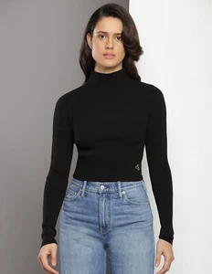 Calvin Klein Damen Cropped Pullover Pulli High Neck Langarm Schwarz, Medium - Bild 1 von 14