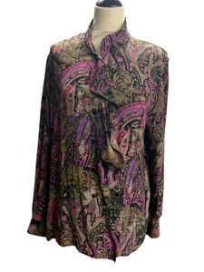 80's Vintage Women's Blouse in abstract print, front ruffle |  Size M/L - Picture 1 of 10