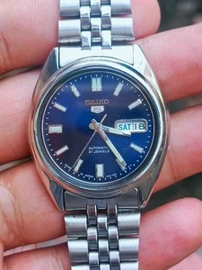 Seiko 5 blaues Zifferblatt Automatik Herren Armbanduhr Japan Made selten Vintage - Bild 1 von 5