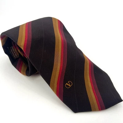 Vintage Valentino Diagonal Striped Tie Visible Logo 70s Brown Stripes Italy - Image 1 of 4