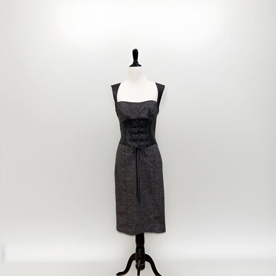 Vestido Lápiz Bebe Vintage Y2K Cuero Real Corsé Lana Midi Gris Tweed Talla 8 Foto 1 de 4