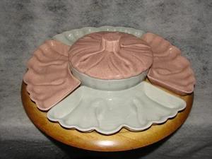 Vintage Turn table Centerpiece 7 Piece Ceramic Pottery and Wood Lazy Susan - Picture 1 of 2