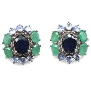 925 Sterlingsilber 6 x 8 Mm. Blauer Saphir, Smaragd & Tansanit Ohrringe - Bild 1 von 4