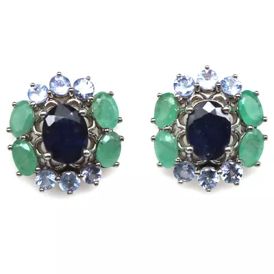 925 Sterlingsilber 6 x 8 Mm. Blauer Saphir, Smaragd & Tansanit Ohrringe - Bild 1 von 4