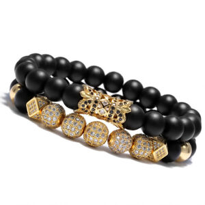 2019 Luxury Micro Pave CZ Ball Crown Charm Bracelet Men Jewelry Matte Agate Bead