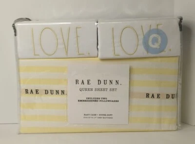 RAE DUNN “LOVE” QUEEN SHEET SET 4 PC YELLOW & WHITE STRIPED Embroidered NWT - Image 1 of 3