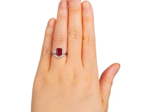 Gold Plated on 925 Silver Natural Emerald Cut Garnet Vintage Engagement Ring Set - Picture 1 of 3