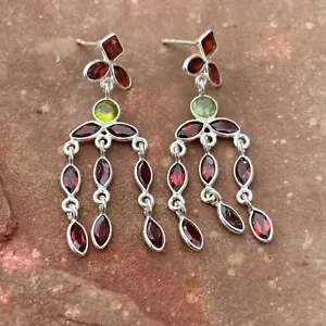 Green Peridot Red Garnet Post Handmade 925 Sterling Silver Bezel Earring - Picture 1 of 6