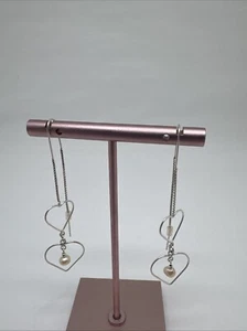 Sterling Silver Threader Earrings Double Heart Pearl Dangle - Picture 1 of 3