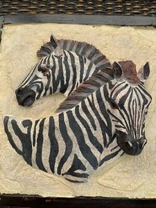 Hand Carved Hand-Painted Stone Wall Hanging of Two Zebras ~ Exquisite Details* - Picture 1 of 10