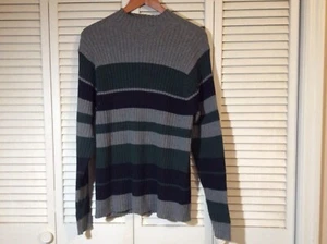 Eddie Bauer Mock Turtleneck Sweater Black Grey Green Stripes 100% Cotton Men’s L - Picture 1 of 4