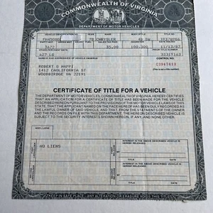 1978 Chrysler 4 Door Station Wagon Certificate Historical Document Virginia - Picture 1 of 4