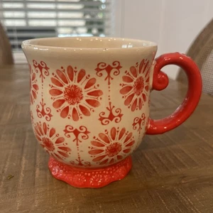 Pioneer Woman Red Floral Ceramic Coffee Mug Footed Base - Picture 1 of 7
