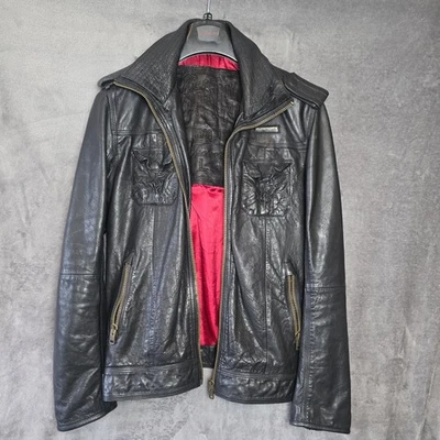 Superdry Leather Jacket Mens Large Black Brad Full Zip Real Motorcycle Biker - Image 1 of 4