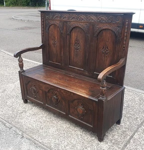 ANTIQUE OAK SETTLE / BENCH / PEW DELIVERY AVAILABLE - Picture 1 of 15