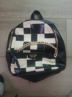 VICTORIA'S SECRET BLACK WHITE CHECKERED MINI CITY BACKPACK PURSE BAG - Image 1 of 4